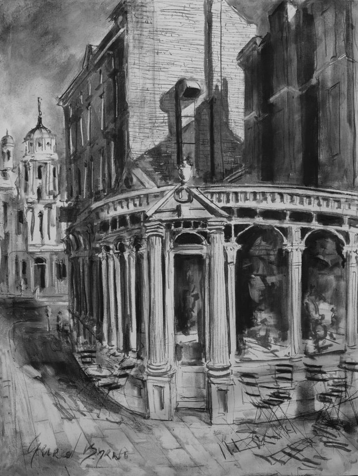 'Kolossi Grill' plein air charcoal sketch by Gerard Byrne