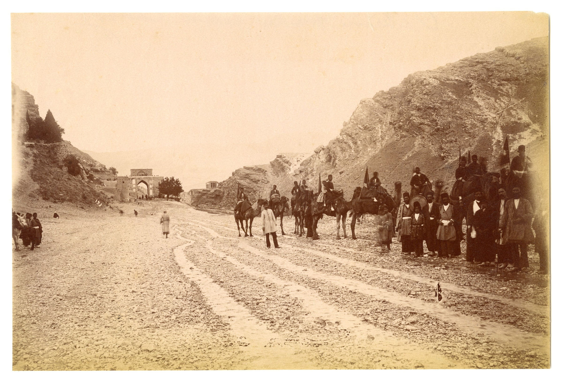 Antoin Sevruguin, Rider company leaves Shiraz with the Koran Gate in the background, Late 19th Century