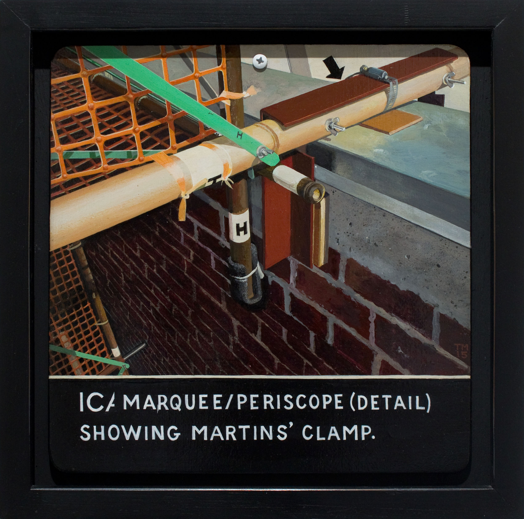 Tony May,&amp;nbsp;ICA Marquee/Periscope (detail) Showing Martins&amp;#39; Clamp, 2015. Acrylic on panel in artist-made frame, 11 x 11 inches.