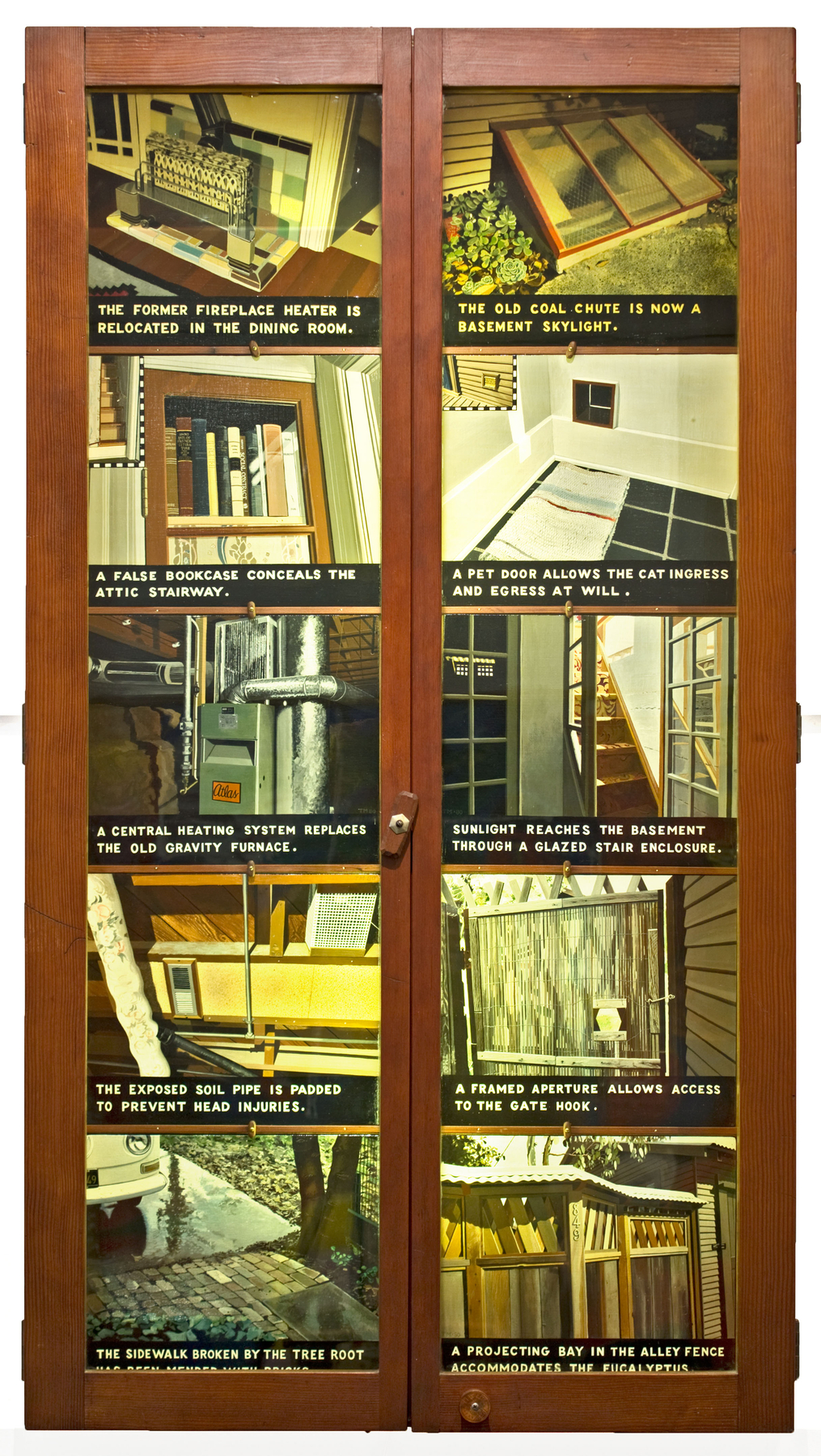 Tony May, Home Improvements, 1978-81. Paintings in glass-fronted case, 58 x 32 x 7 inches.