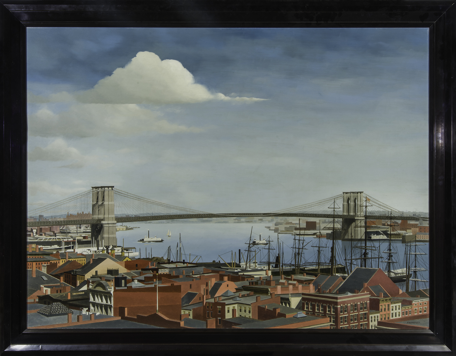 THOMAS FRANSIOLI (1906&ndash;1997) "The Brooklyn Bridge in 1892," 1965. Oil on canvas, 36 1/2 x 48 1/4 in. Showing wood frame.