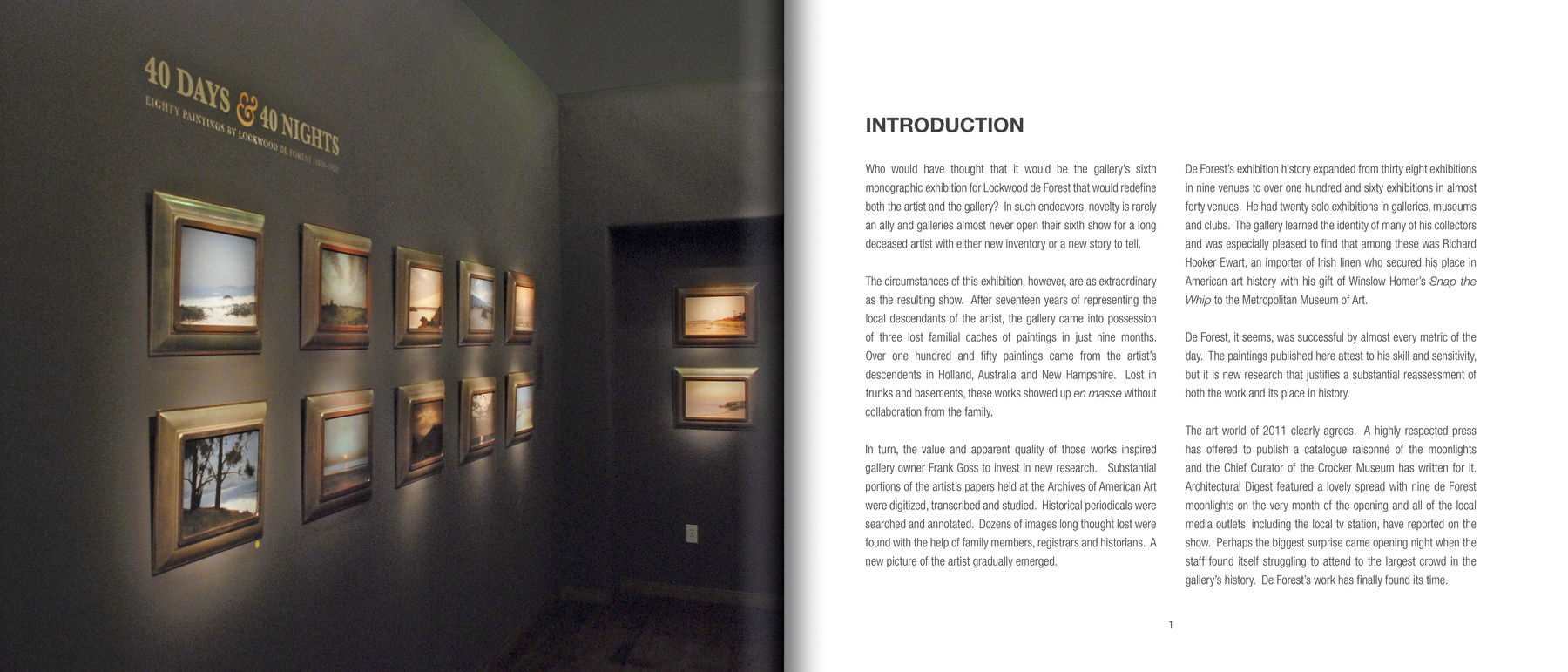 Frontis and page 1 of 40 NIGHTS: An Exhibition of the Night Paintings of Lockwood de Forest, featuring Introduction and installation photograph of the exhibition "40 Days &amp; 40 Nights: Eighty Paintings by Lockwood de Forest (1850-1932)"