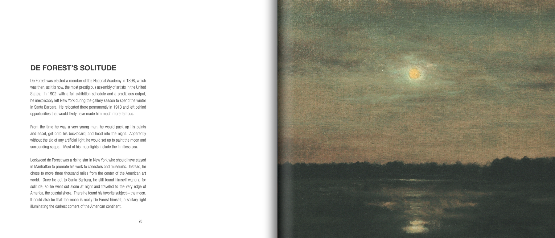 Pages 20 and 21 of 40 NIGHTS: An Exhibition of the Night Paintings of Lockwood de Forest, featuring a large illustration of a moonlight painting opposite a comment entitled, "De Forest's Solitude"