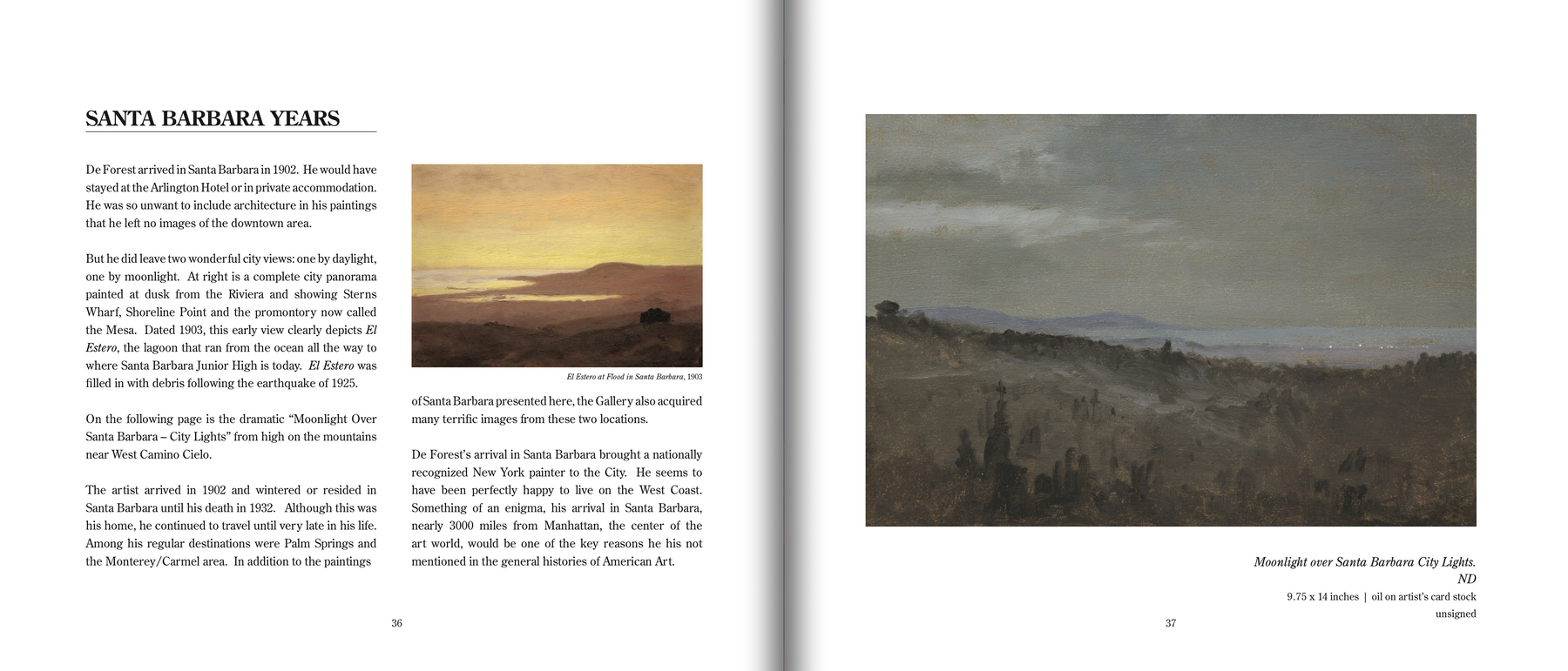 Pages 36 and 37 of De Forest's SANTA BARBARA, featuring remark "Santa Barbara Years" and "Moonlight over Santa Barbara City Lights" by Lockwood de Forest (1850-1932)
