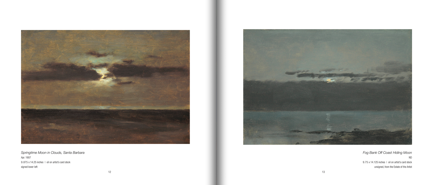 Pages 12 and 13 of 40 NIGHTS: An Exhibition of the Night Paintings of Lockwood de Forest, featuring "Springtime Moon in Clouds, Santa Barbara", Apr. 1907 and "Fog Bank Off Coast Hiding Moon" by Lockwood de Forest (1850-1932)
