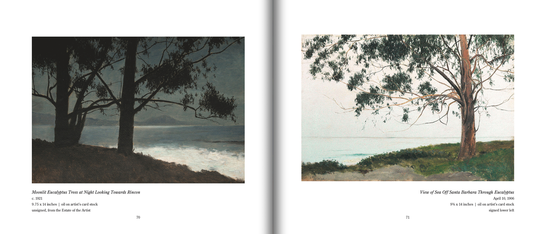 Pages 70 and 71 of De Forest's SANTA BARBARA, featuring "Moonlit Eucalyptus Trees at Night Looking Towards Rincon", c. 1921 and "View of Sea Off Santa Barbara Through Eucalyputs", Apr. 10, 106 by LOCKWOOD DE FOREST (1850-1932)