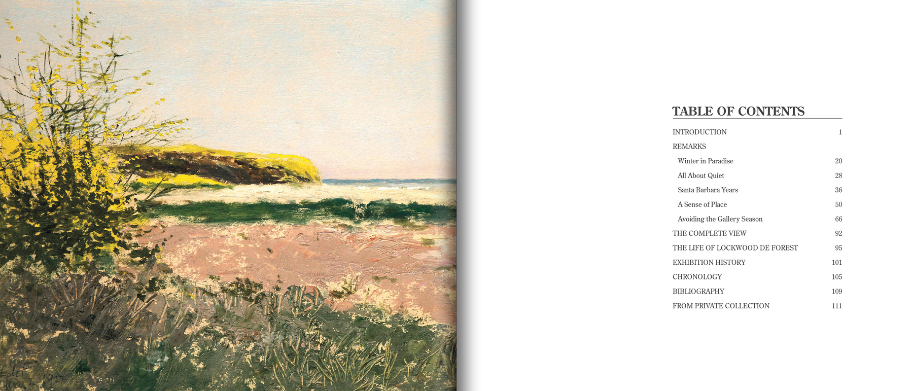 Frontis and Table of Contents of De Forest's SANTA BARBARA, featuring coastal landscape on frontis