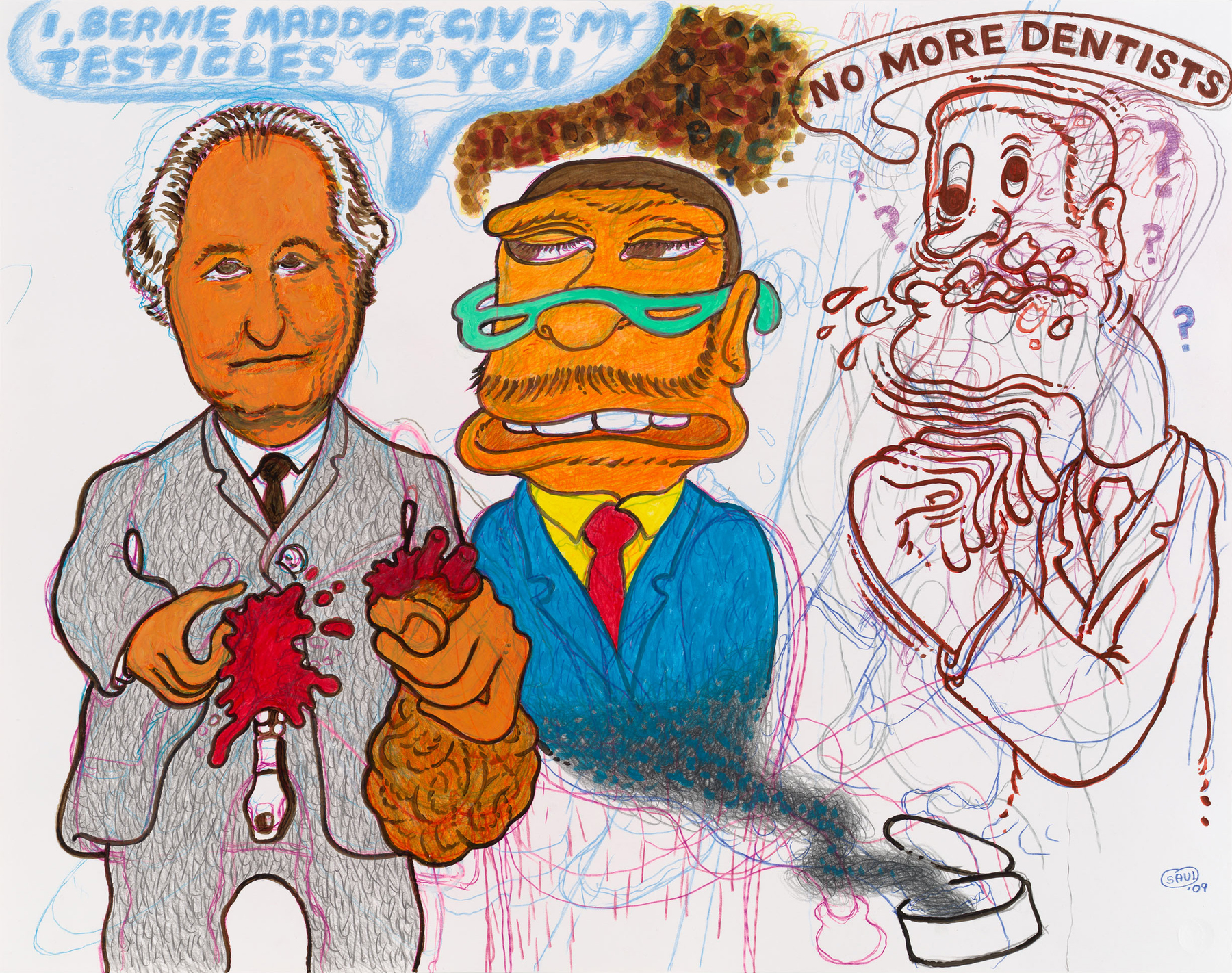 Peter Saul

&amp;quot;Maddof&amp;quot;, 2009

Acrylic, colored pencil, ink on paper

22 3/4 x 29 1/4 inches

58 x 74 cm

SAUZ 9/00