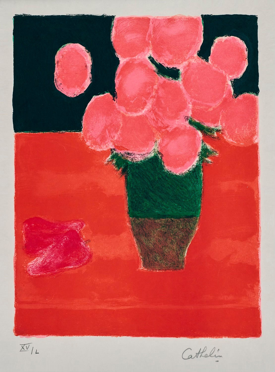 Bernard CATHELIN, Bouquet d'hortensias a la table rouge, 1990