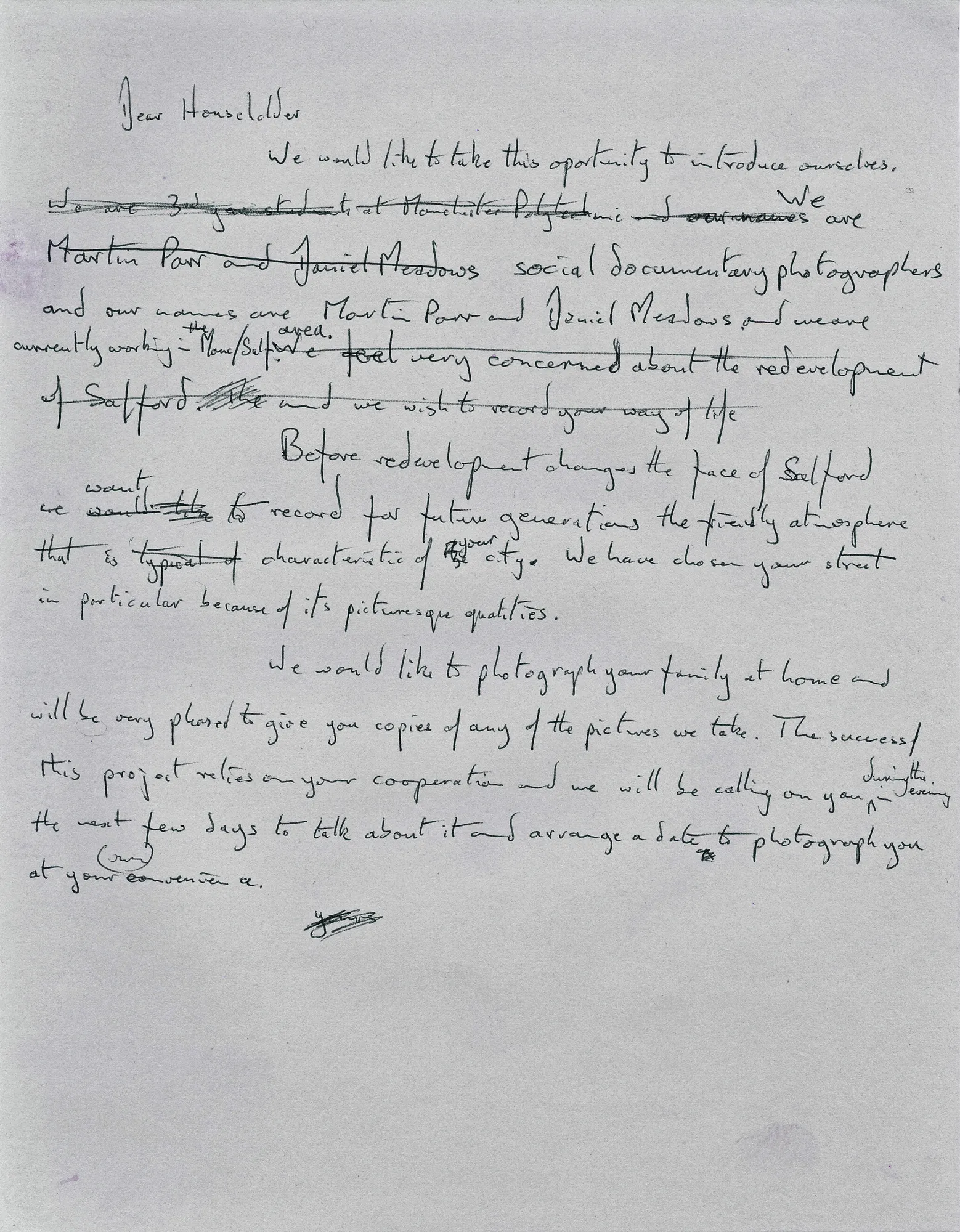 Daniel Meadows And Martin Parr, Draft Letter, 1973