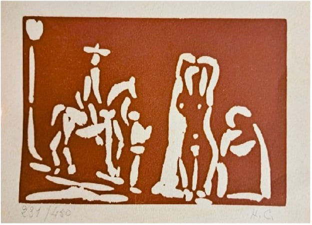 Pablo Picasso, Cavalier walking towards Celestine and Nude (New Years Card for 1968) , 1968