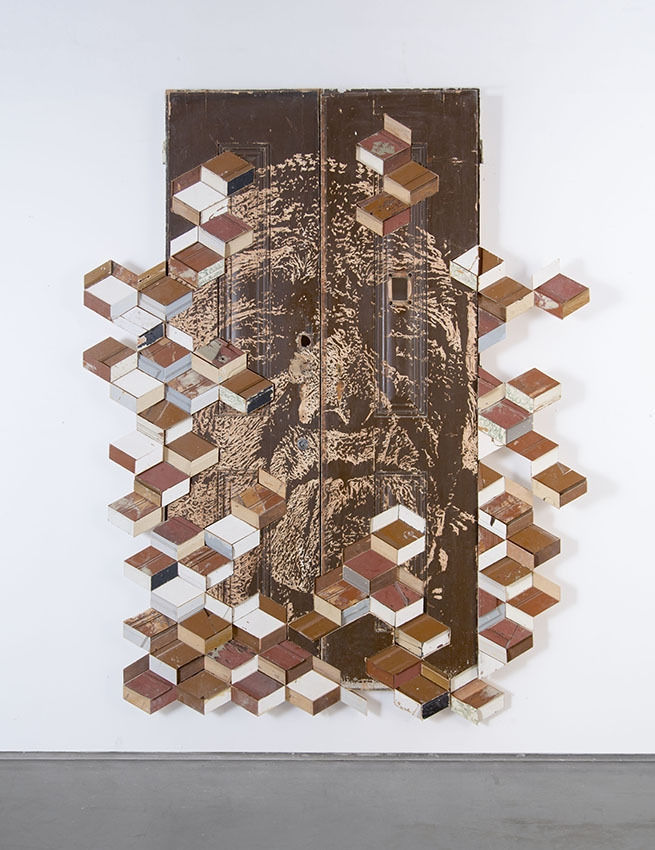 Vhils Orderliness Series #03 Old wooden doors, hand-carved, cut and assembled 235 x 186 x 12 cm