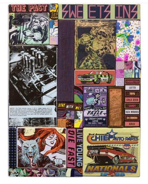 Faile Stay With Me Acrylic, silkscreen, spraypaint, vintage fabric, and copper on wood 82,5 x 108 x 7,6 cm 32,5 x 42,5 x 3 in