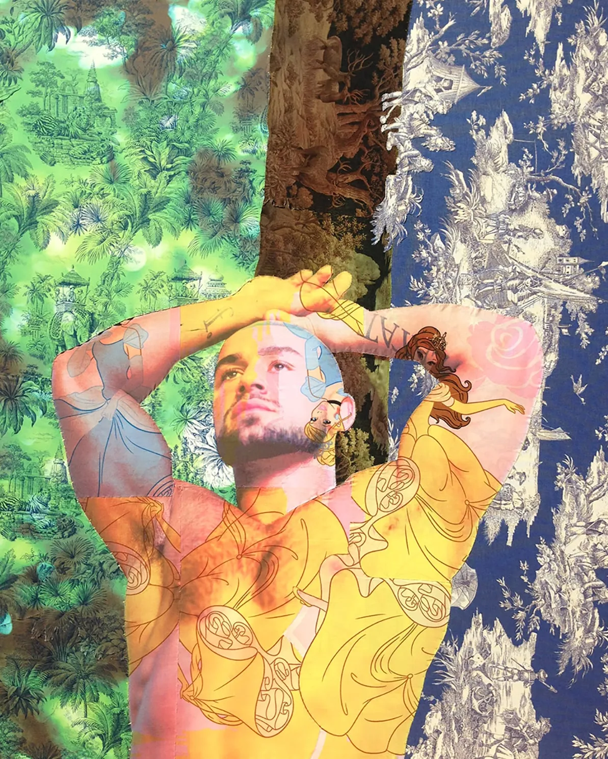 Tim Hailand, Francois Sagat Tuileries tree Paris (on Disney Princess, blue tiger, & History of Air toile), 2016