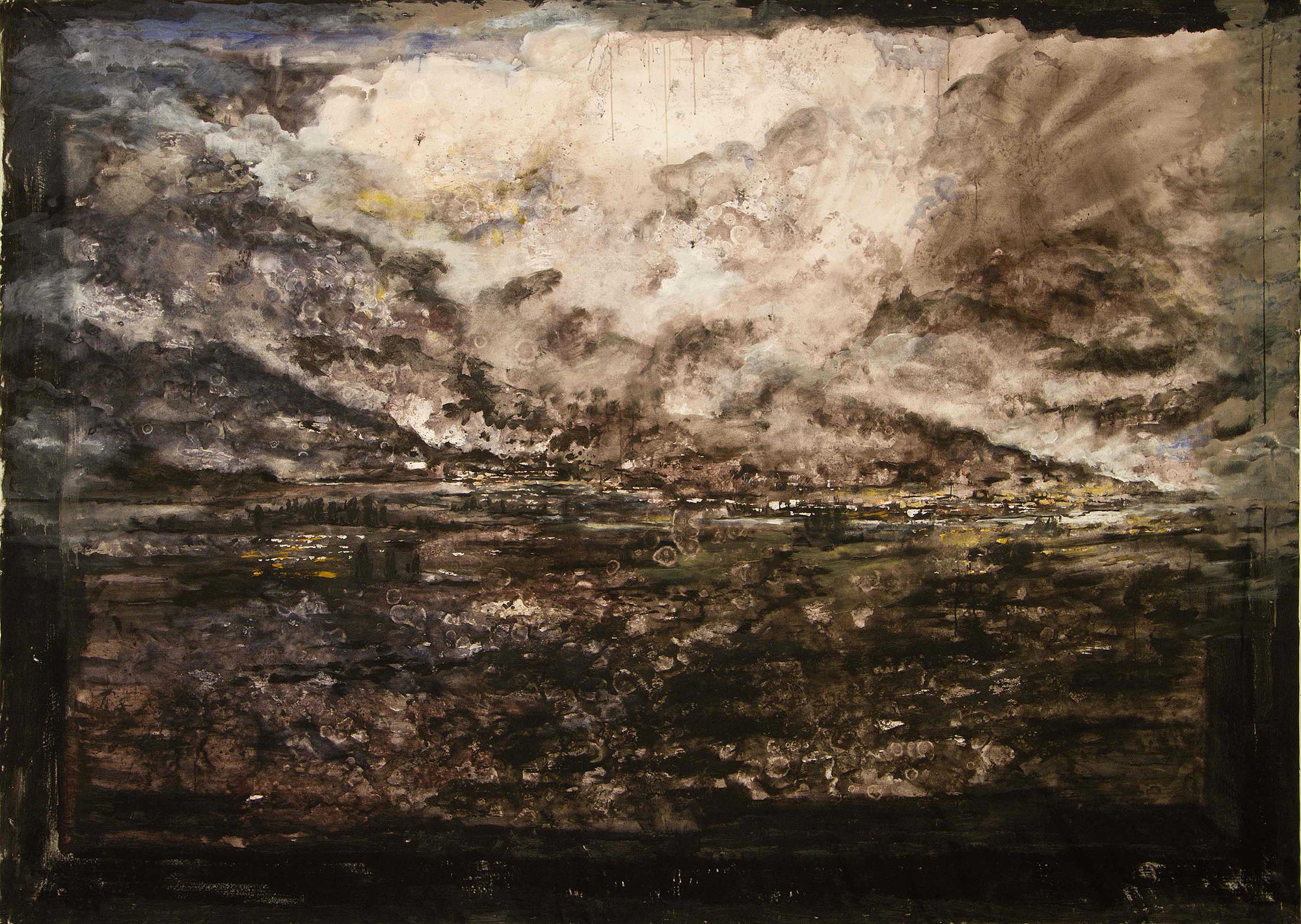 Frank Schult, Frank Schult, Elblandschaft bei Dresden, 2016, ÖaL, 200x300cm Kopie, 2016