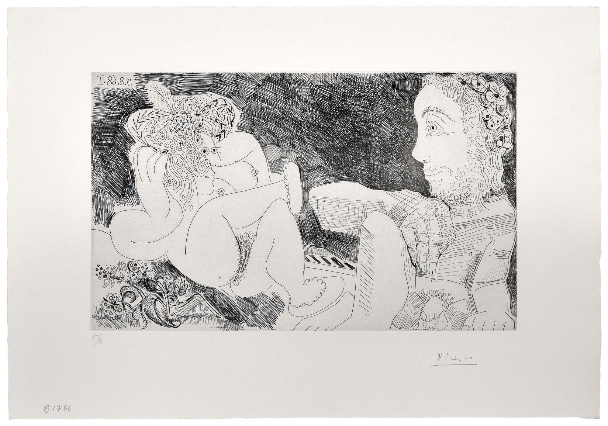 Pablo Picasso, Au jardin: odalisque en pantoufles au chapeau, avec des fleurs, et spectateur ingresque (Suite 347), 1968