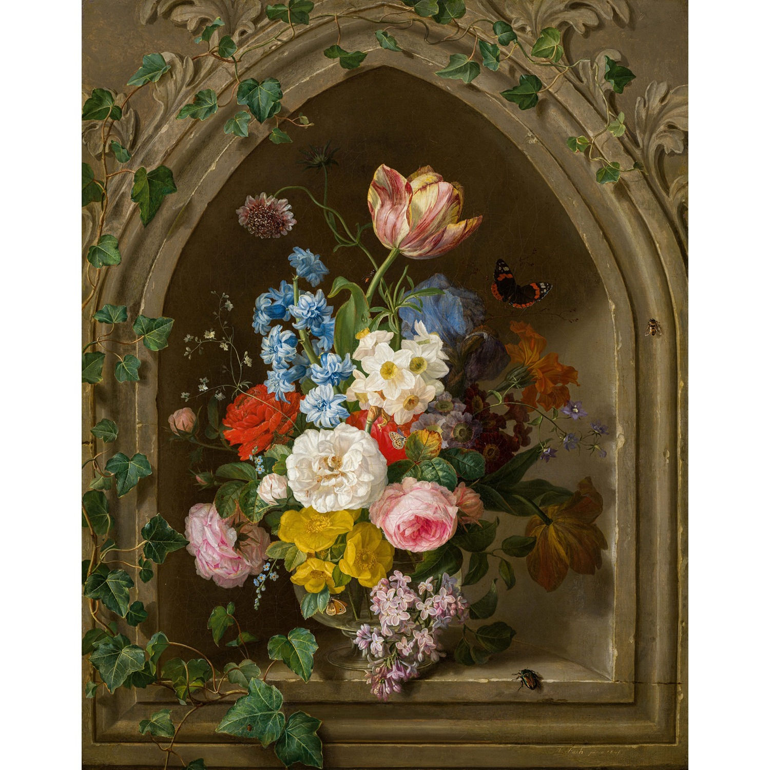 Andreas Lach, Blumenstrauß in gotischer Nische, 1841