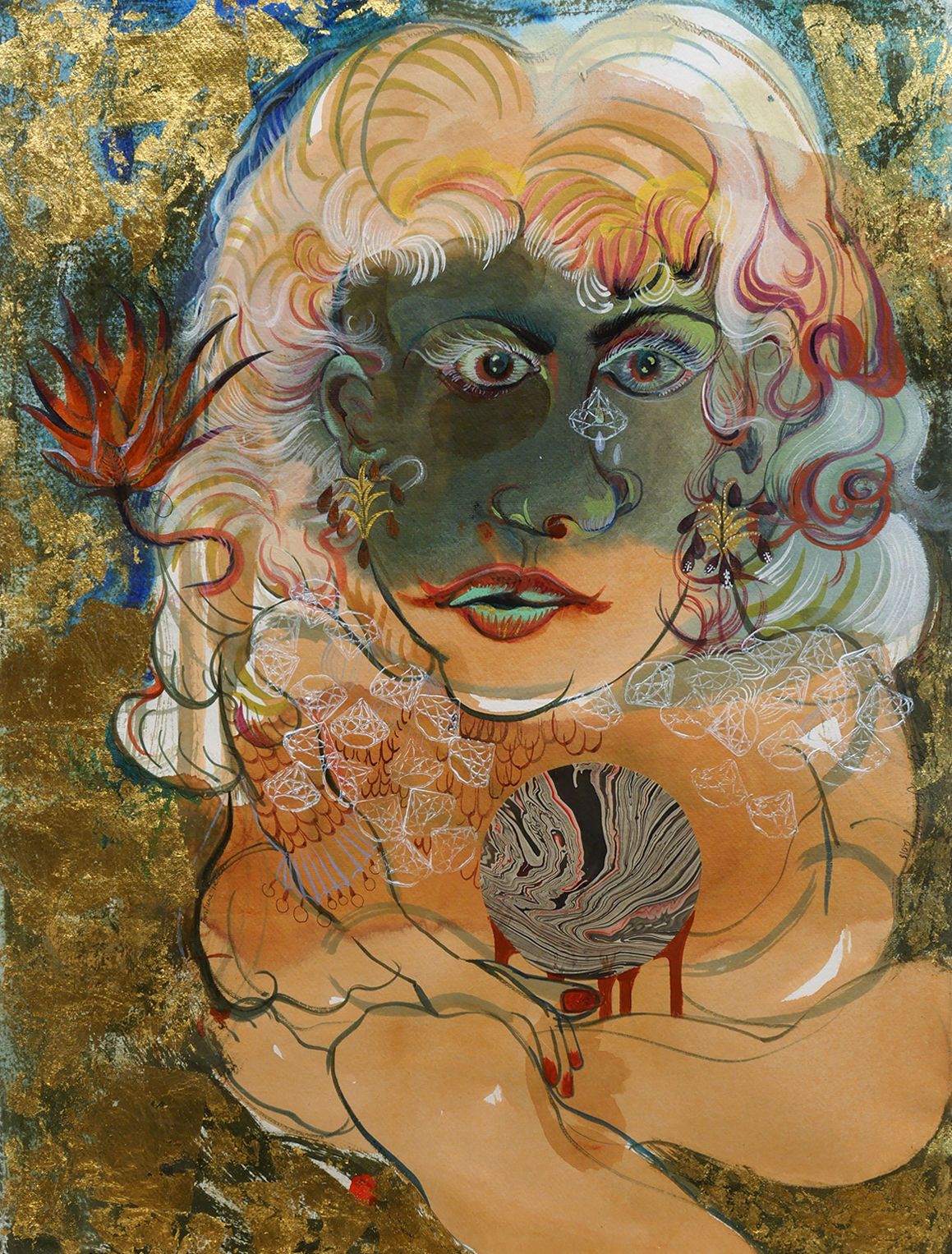 Rina Banerjee, Fortune Teller, tell me my fortune is wrong, my marrow is strong, dreams are crowns that coil like eels, locks of hair too quick to tangle, make my bangles loose, bring me back to me at home where I can be without the sting of your rage-like noose, 2018