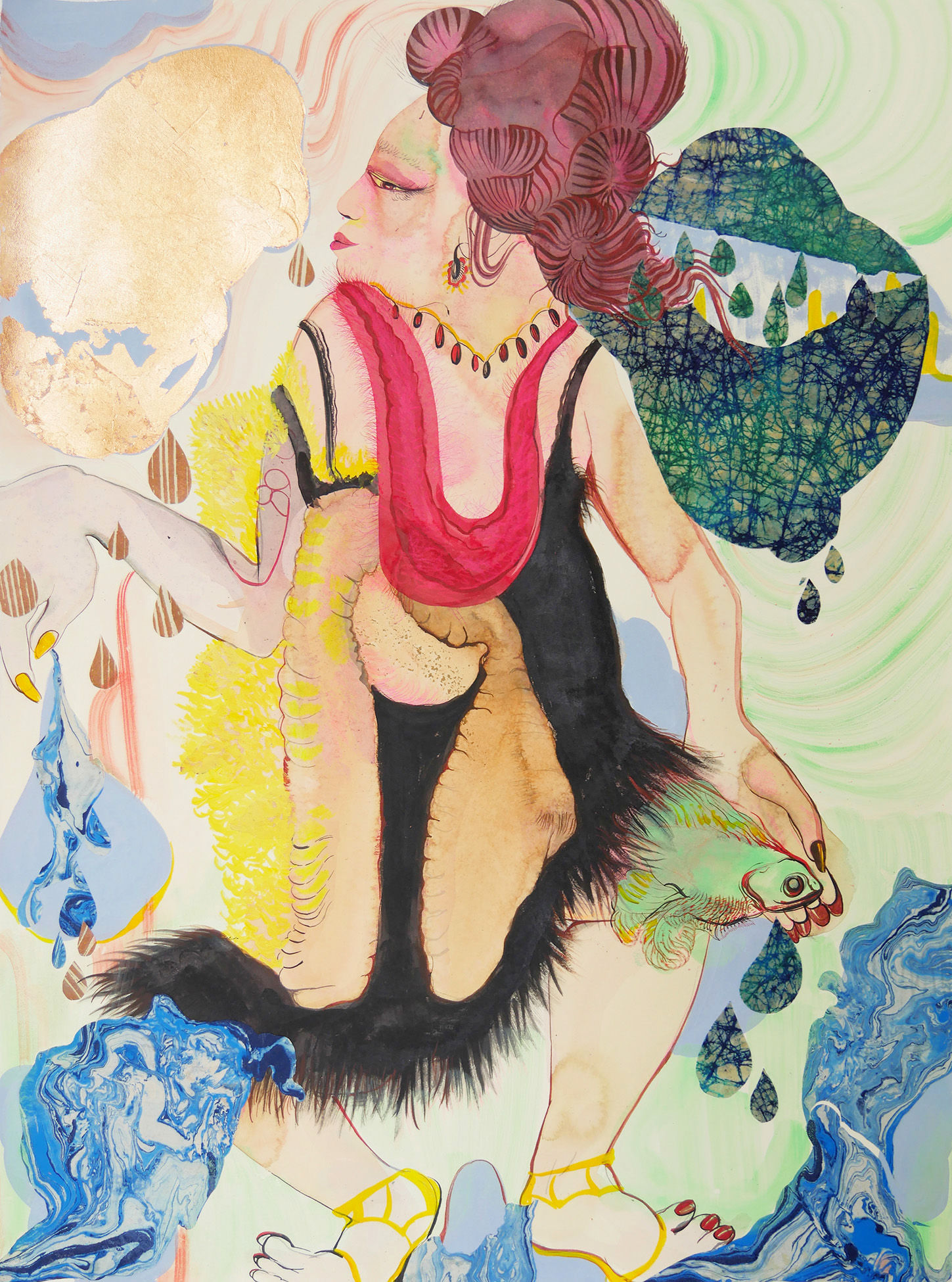 Rina Banerjee, She had guts! She got lost and she fought a lot, hung her inside cords, colon, stomached all that she could. She stood on a beach with one arm a hook and the other held fish, held out her actions, feared no God as nature, her mother was on her heel's side. She was all guts!, 2019