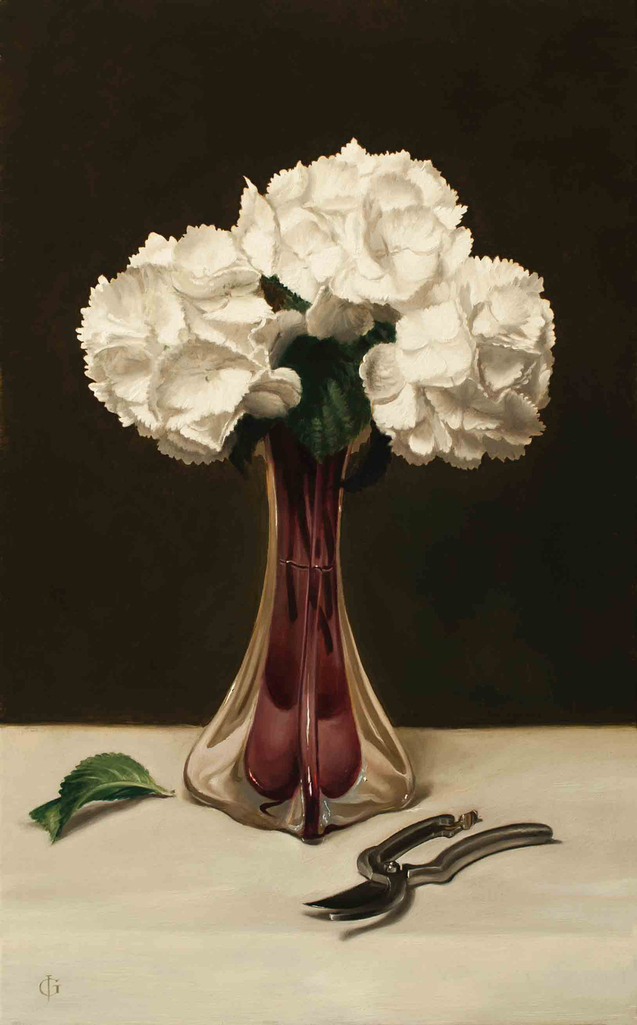 James Gillick, White Hydrangeas in a Trumpet Vase