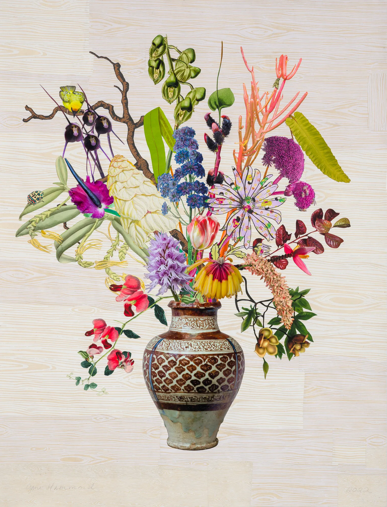 Jane Hammond, Raqqa Vase with Angelica, Firesticks and Monkey Face Orchid, 2022