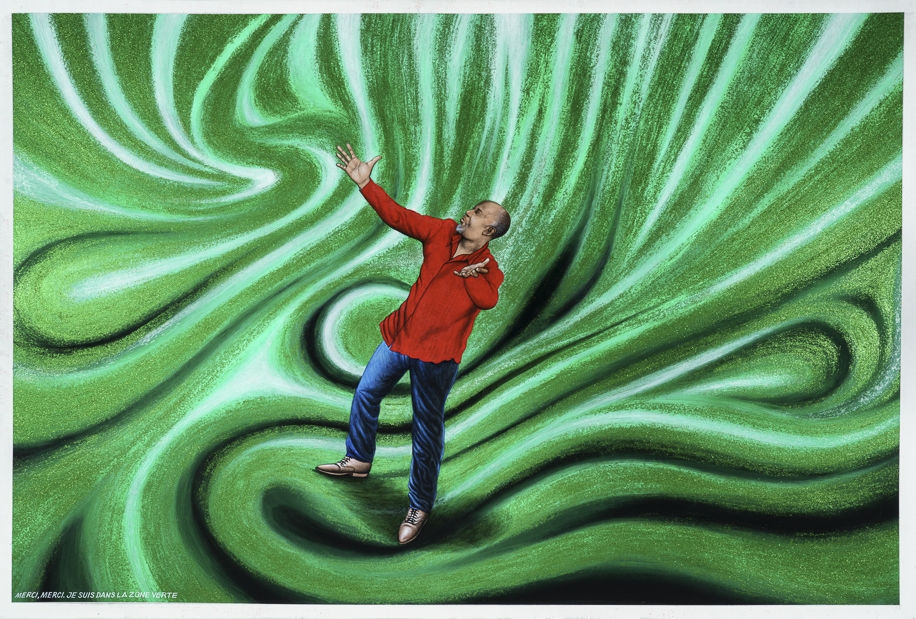 Chéri Samba Merci, merci je suis dans la zone verte Acrylique et paillettes sur toile 135 x 200 cm