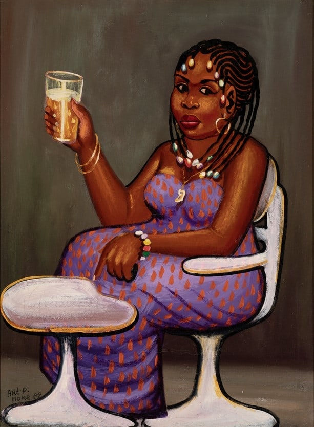 Moke La Buveuse de bière Peinture sur sac de farine 94 x 69 cm 37.2 x 27.3 in