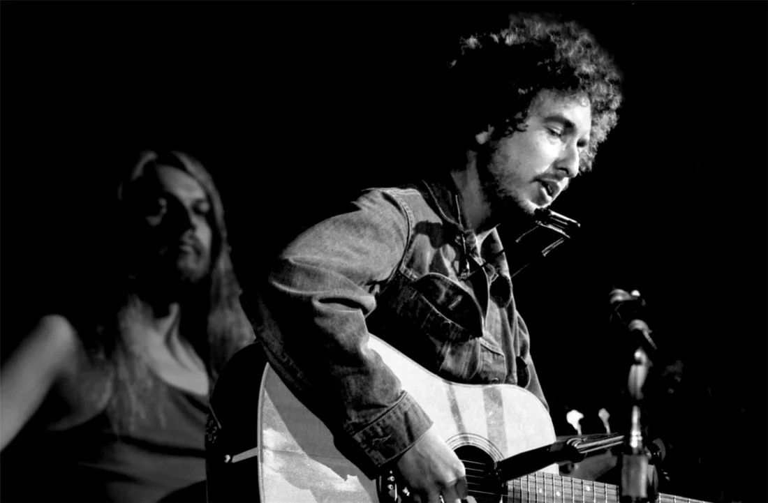Graham Nash, Leon Russell and Bob Dylan at the concert for Bangladesh, Madison Square Gardens, NYC, 1971