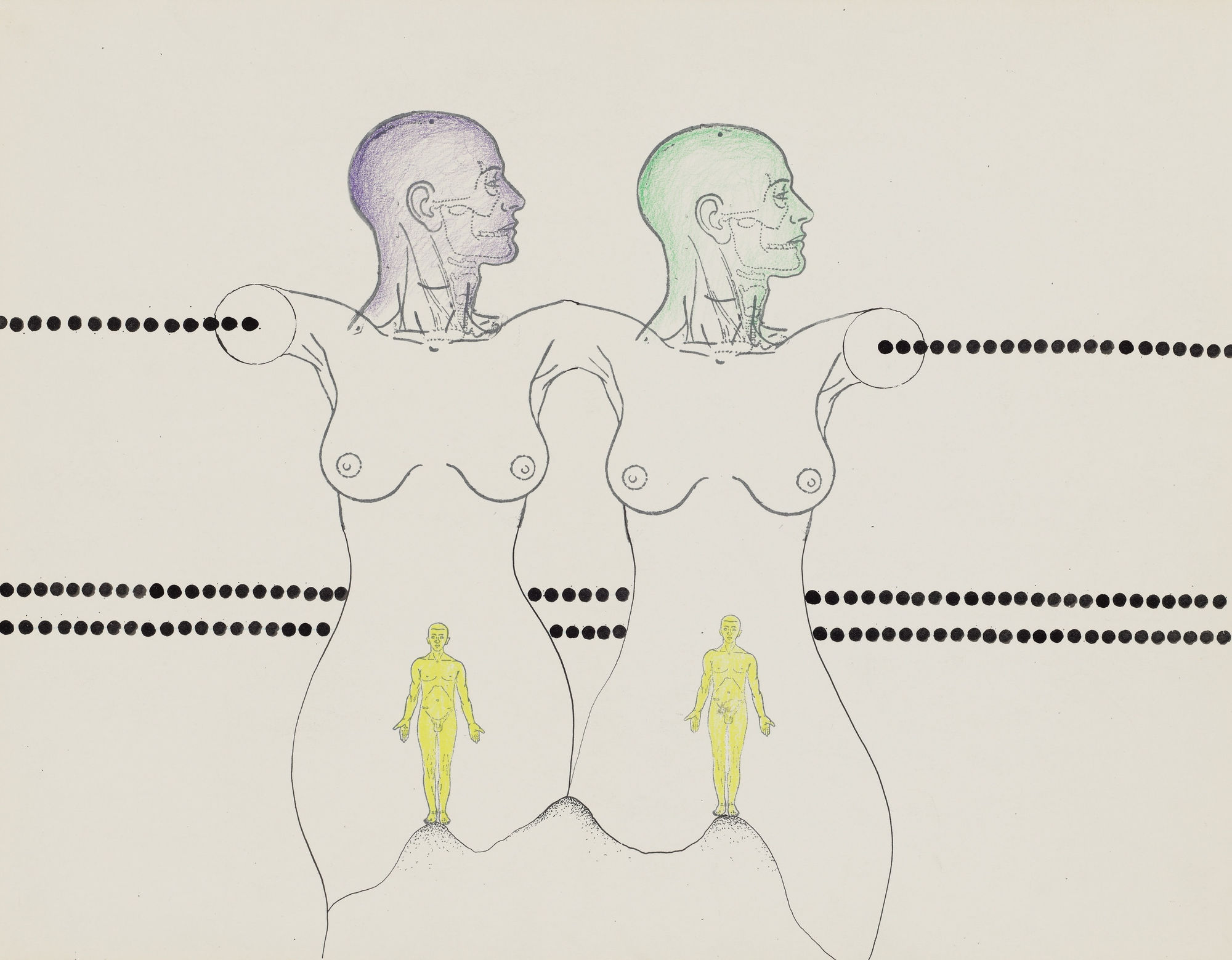 Kiki Kogelnik Robots Encre de chine, encre et crayons de couleurs sur papier 34.6 x 58.8 cm 16 1/2 x 20 7/8