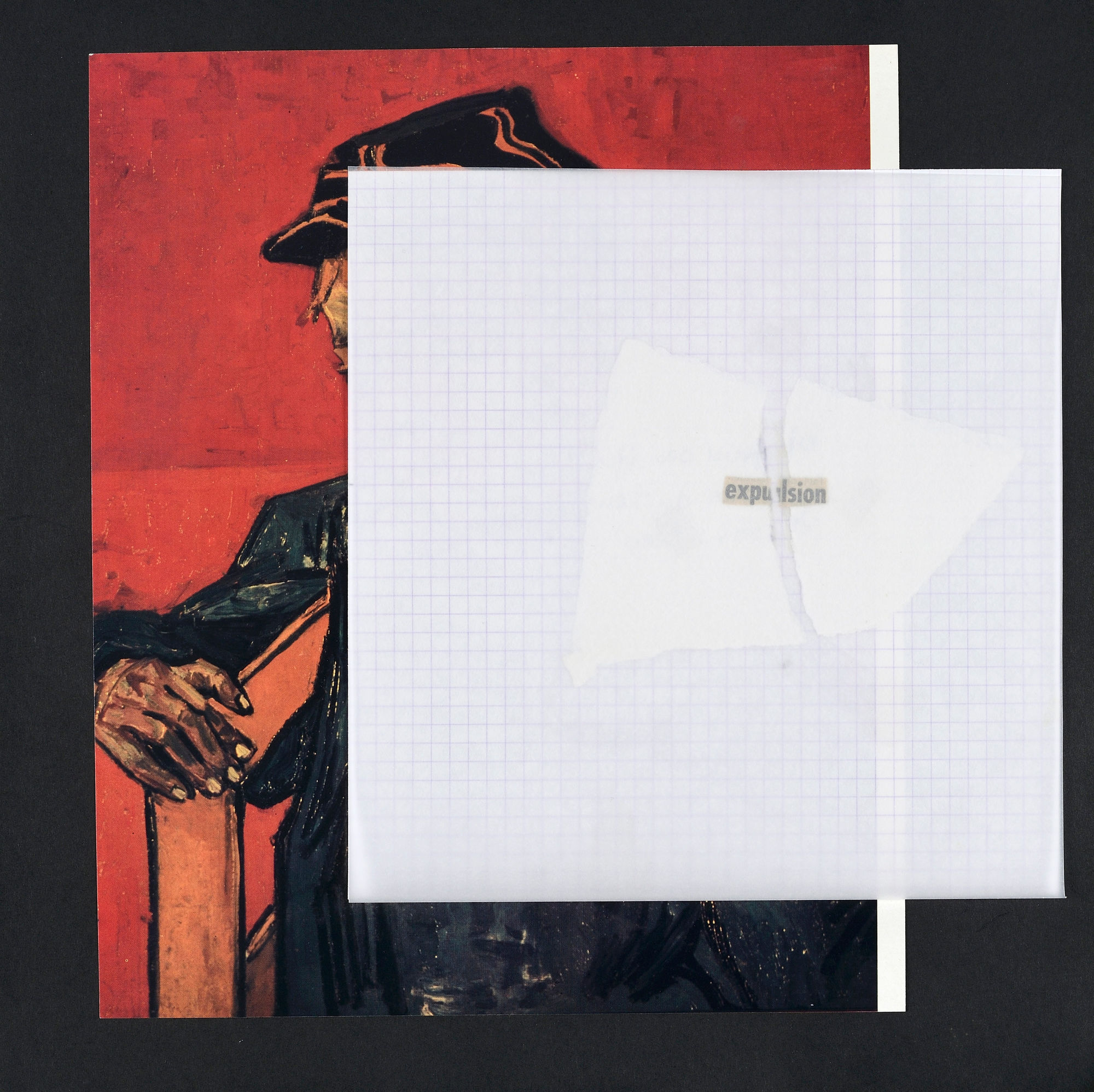 Gil Joseph Wolman expulsion collage: Canson, page de magazine, papier calque, journal 30 x 30 cm (disponible) 30 x 30 cm (available)