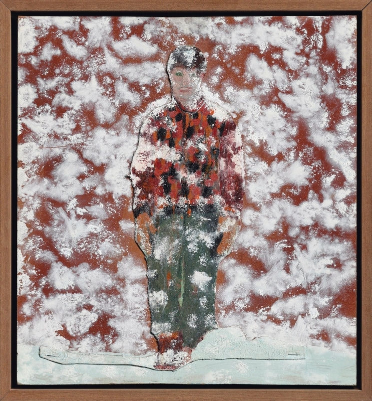 Peter Doig Figure in Snow huile et collage de bois sur panneau de bois 32,6 x 30 cm