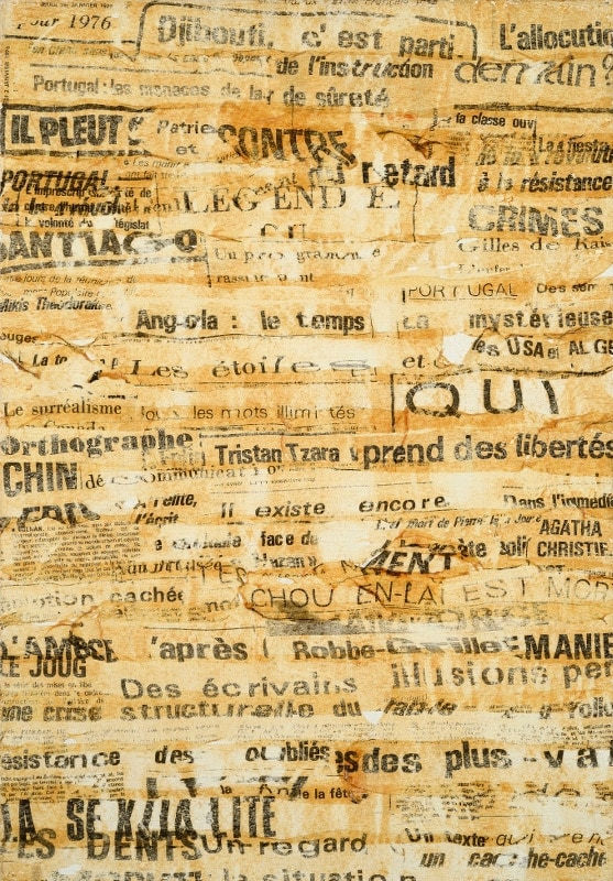 Gil Joseph Wolman Le Quotidien déchiré (Djibouti, c'est parti) art scotch sur toile 55 x 38 cm 20 1/8 by 24 in.