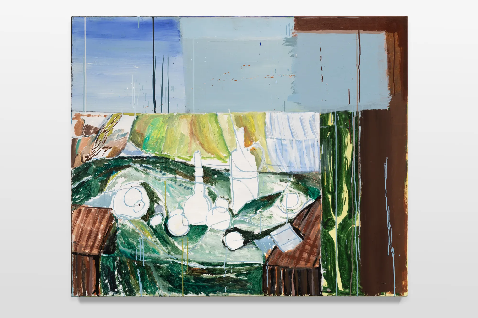 Sally Anderson, Absent fruit and vessels with three skies (after Olley’s still life in green), 2025
