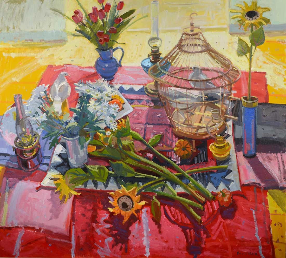 Glen Scouller RSW RGI, Still-Life with Sunflowers and Doves