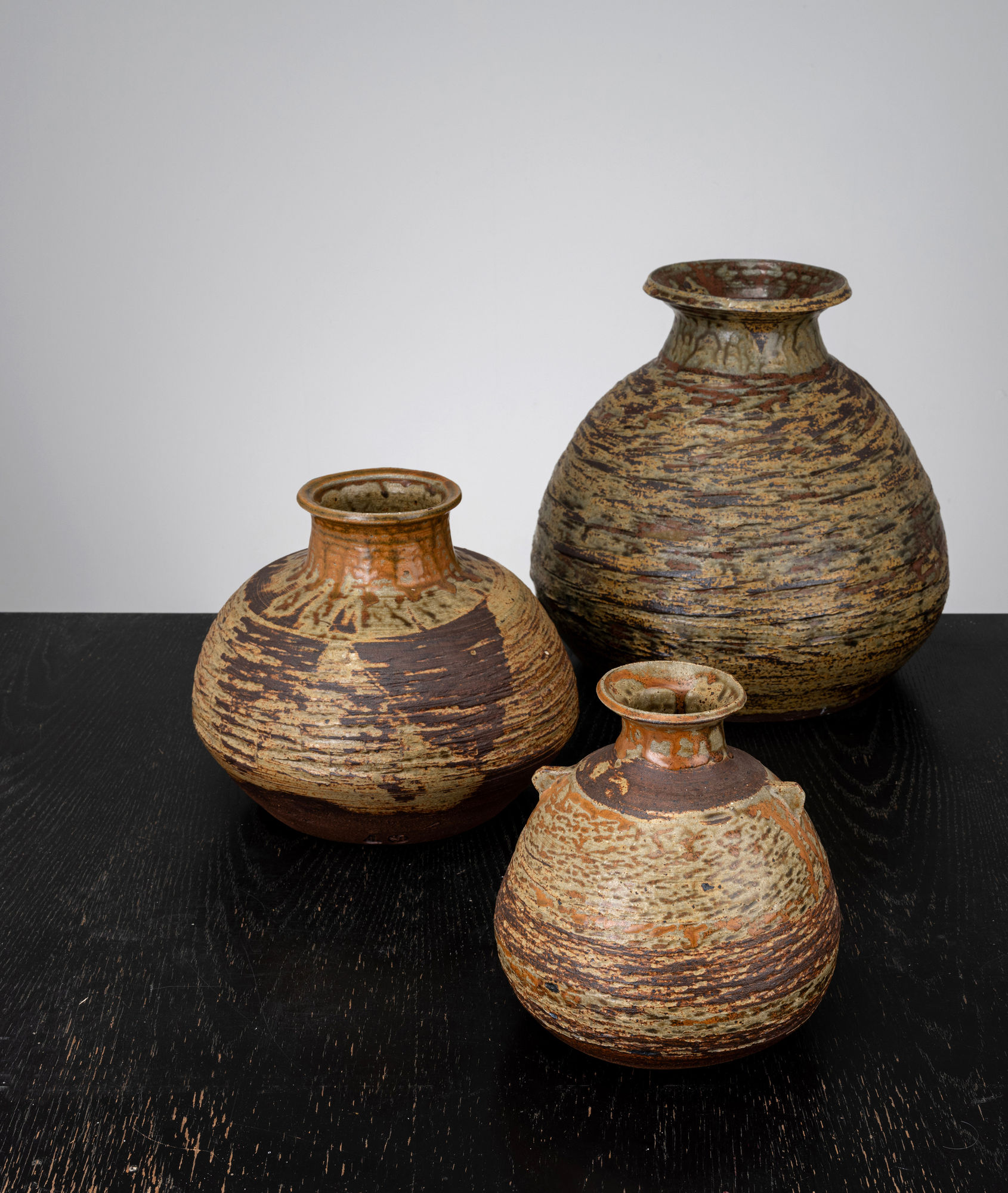 Janet Leach, Trio of ash glazed vases, 1986