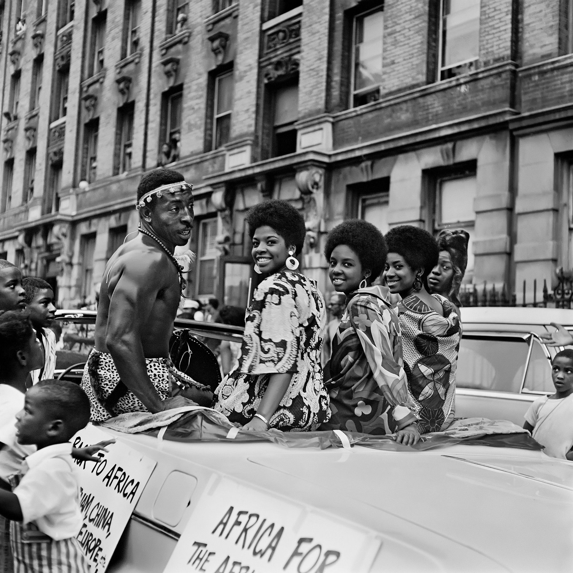 Kwame Brathwaite, Untitled (Denizulu Dancer & Grandassa Models during Garvey Day Parade), 1967 c., printed 2022