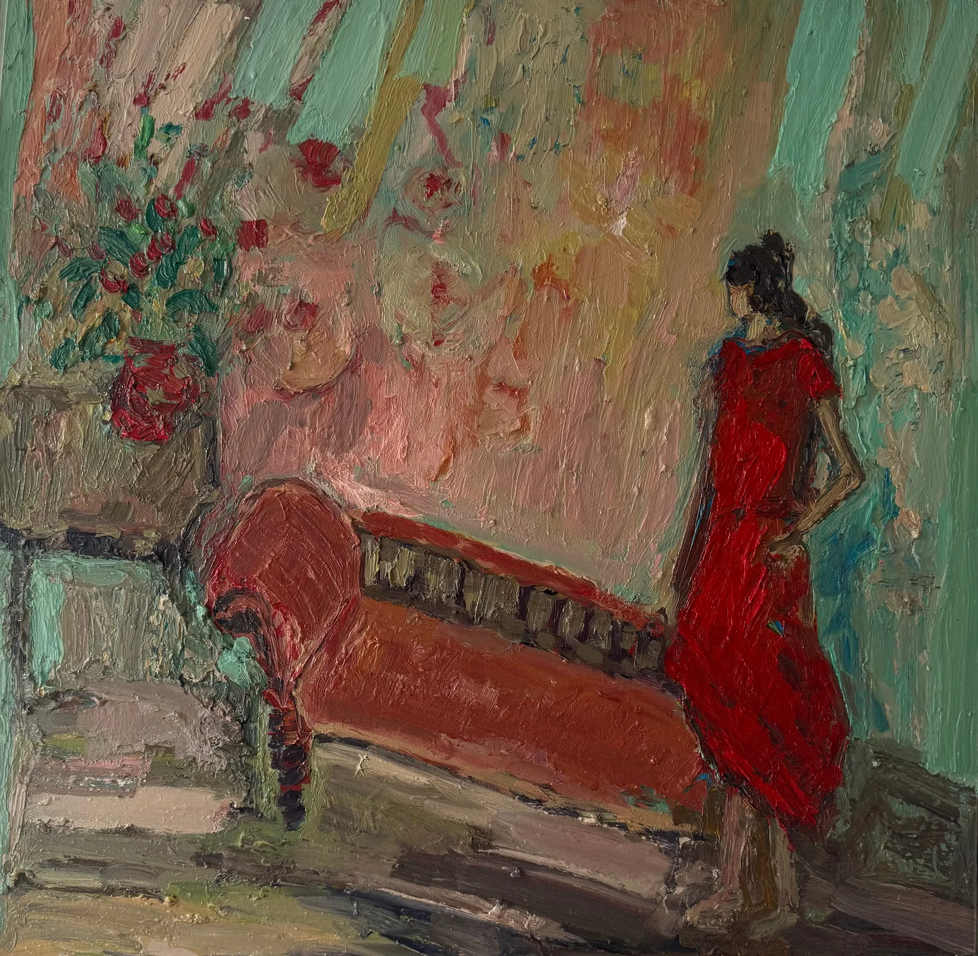 Francesca Owen, Red dress and flowers, 2024