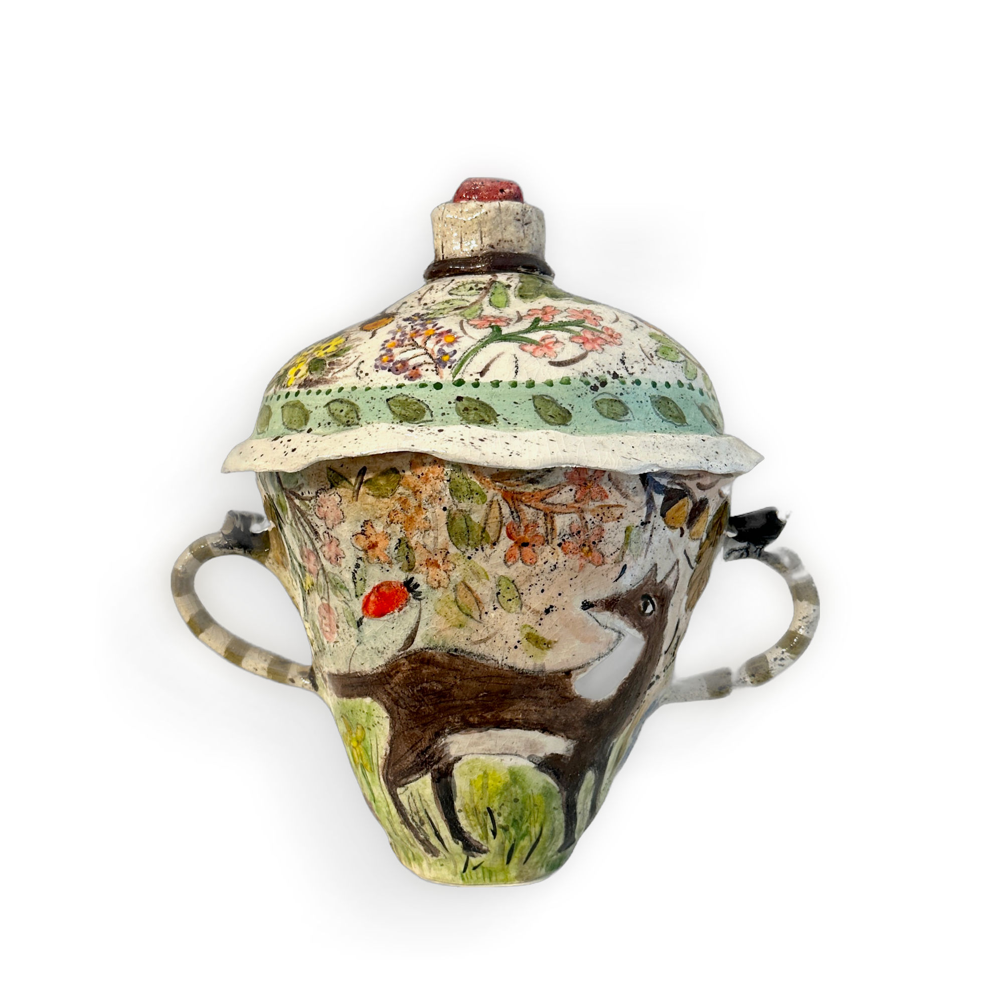 Amelia Tuttiett, Lidded Pot with Fox and Pheasant, 2025
