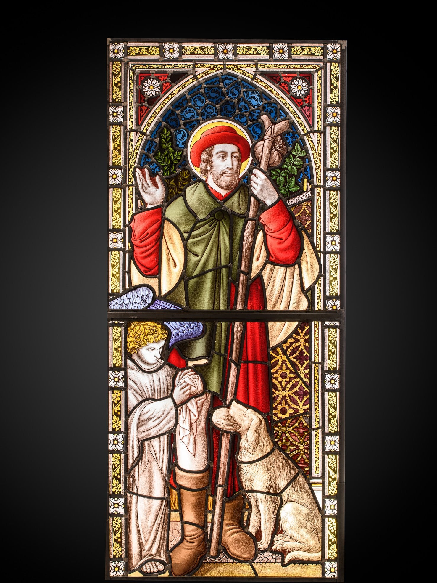 19th C Neo-Gothic Stained Glass Window with Charles Borromeo, Belgium, 163 x 73 cm, 19th