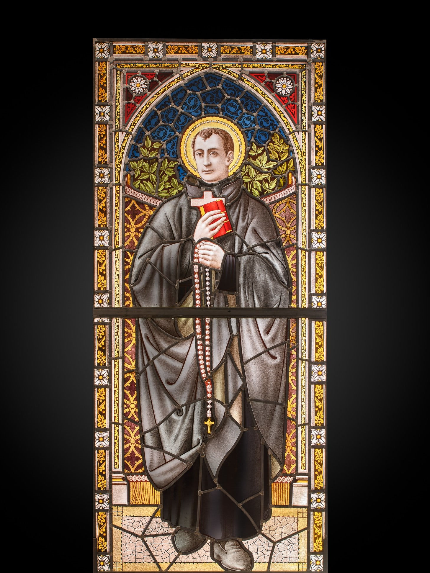 19th C, Neo-Gothic Stained-Glass Window with St. John Berchmans, Belgium, 163 x 73 cm, 19th
