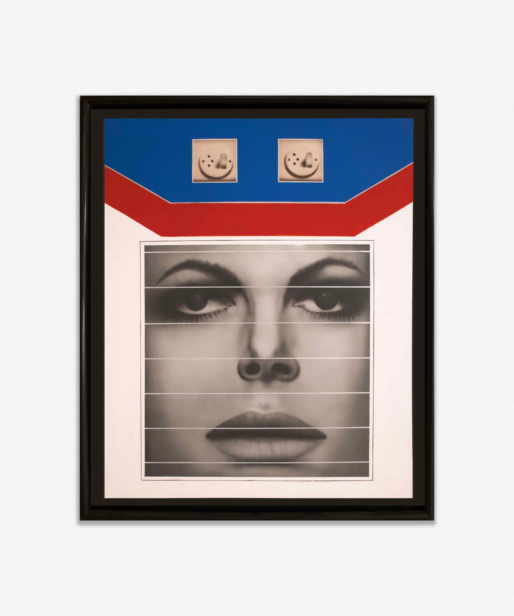 Peter Klasen, Visage, de Face 2 interrupteurs s/ fond Bleu, 1972