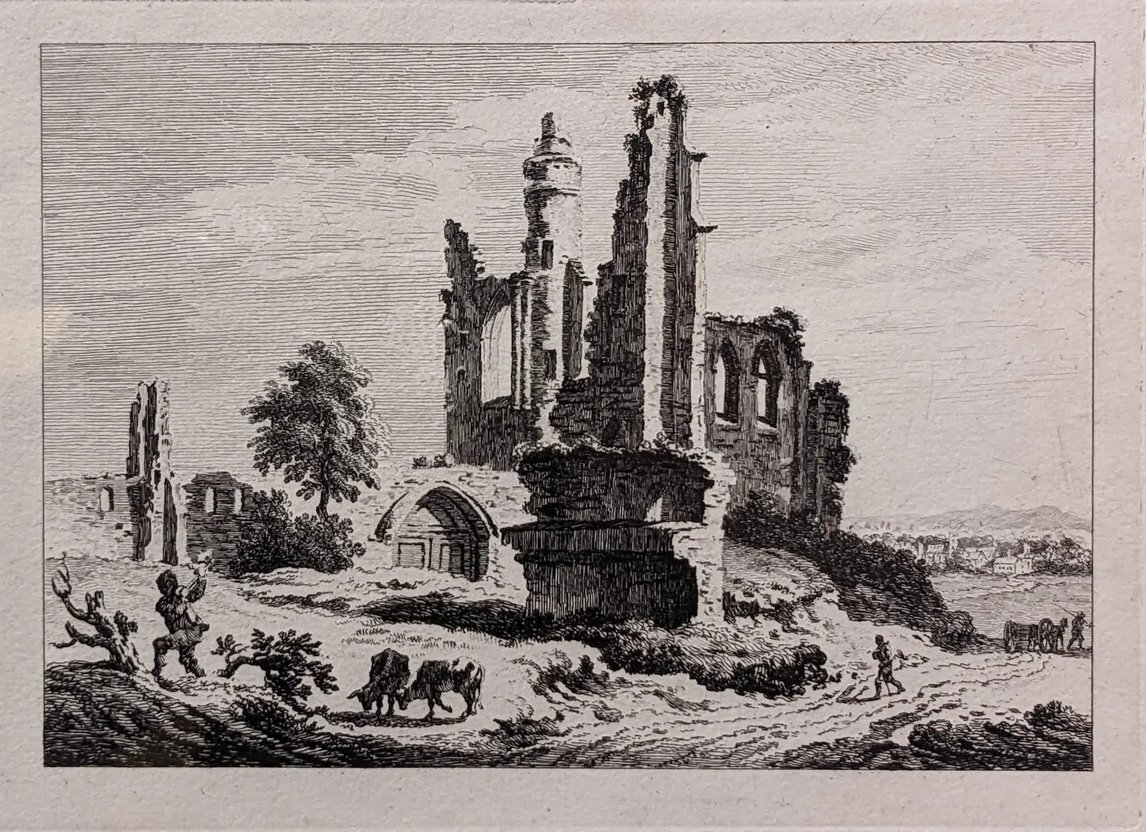 Paul Sandby, Ruined abbey with cattle and a man chopping wood, 1758