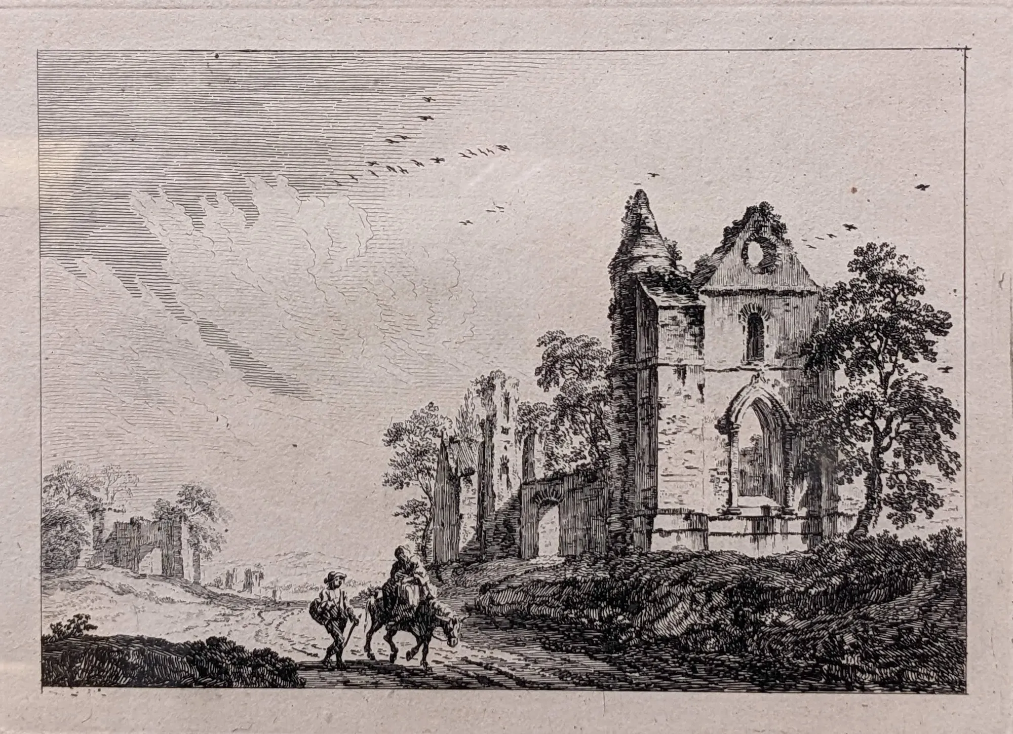 Paul Sandby, Ruined abbey with travellers on the road, 1758