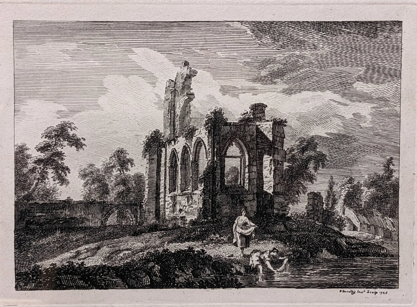Paul Sandby, Ruins with two women washing clothes in a river, 1758