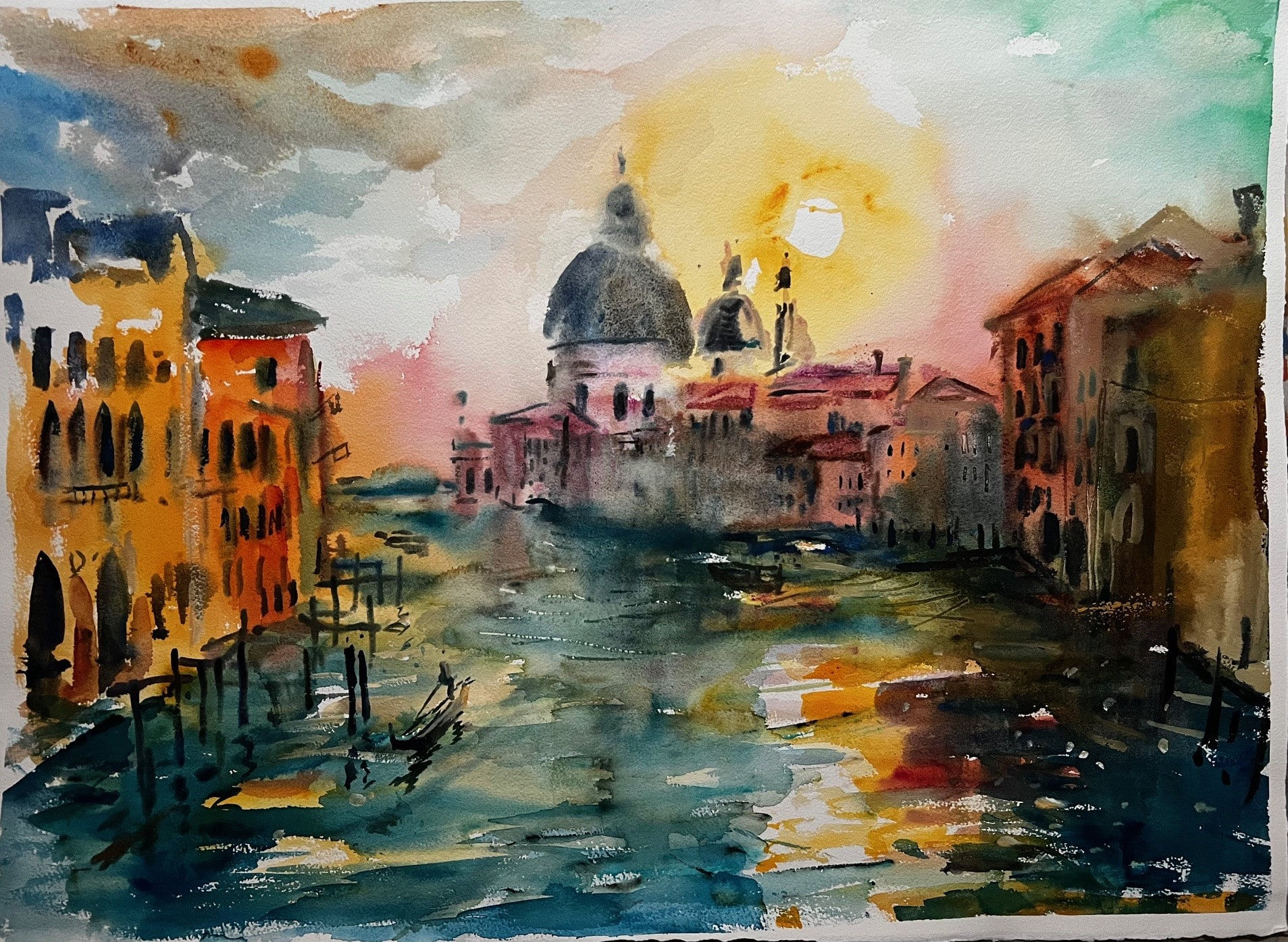Sophie Walbeoffe, VENETIAN MORNING GLOW - SANTA MARIA DELLA SALUTE FROM ACCADEMIA BRIDGE