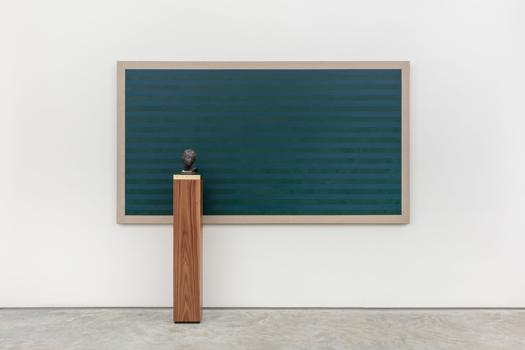 Josephine and the Architect, 2017 Oil and pencil on linen; walnut, brass, terrazzo, and ceramic Painting: 60 x 108 in (152 x 274 cm) Collection of Jameel Arts Centre