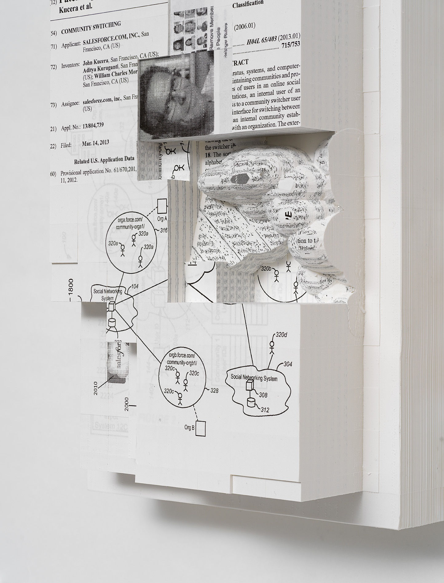 Simon Denny Document Relief 16 (Salesforce.com, inc patent: COMMUNITY SWITCHING) (detail), 2019 Ink Jet Print on Archival Paper, Glue, Custom metal wall mount 11 3/4 x 8 1/4 x 4 1/8 in 29.7 x 21 x 10.5 cm