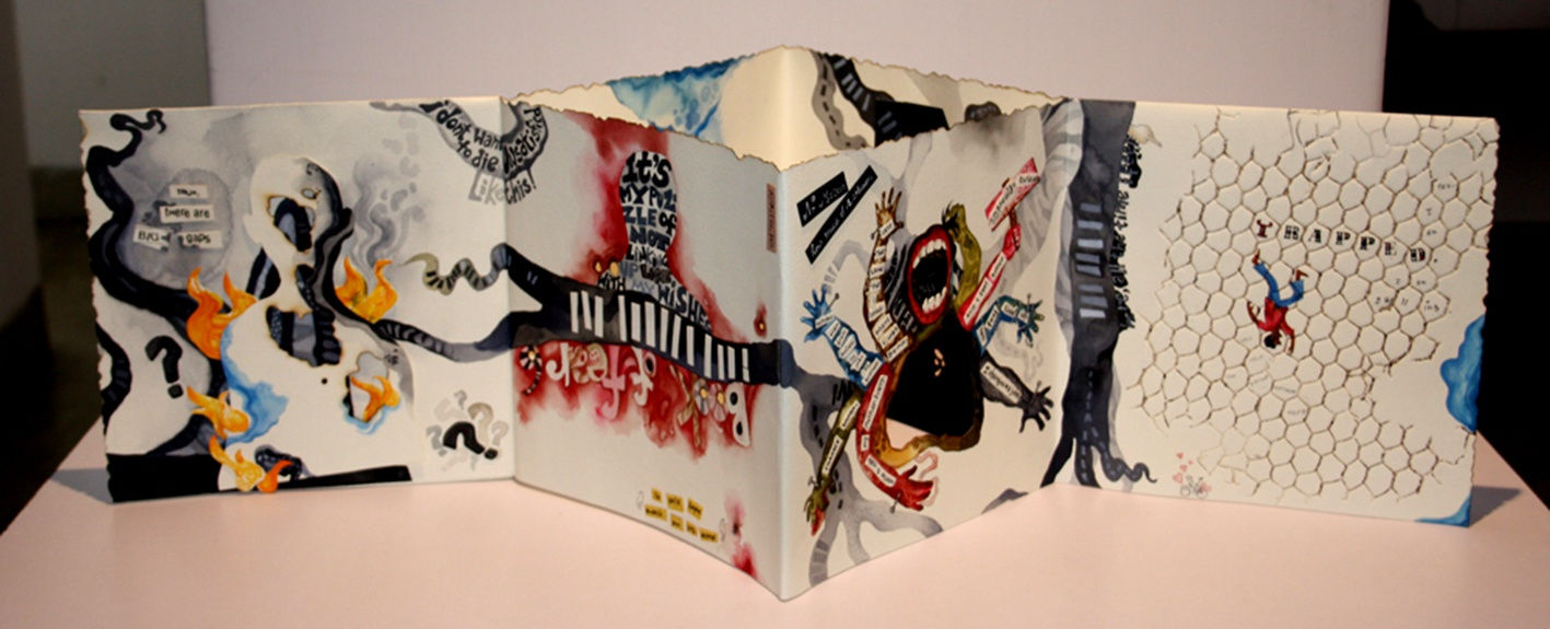 Book of Fear 6 illustrates stories of displacement collected from Bangladesh by the artist which brings to light the possible conditions and uncertainty experienced by independent and rebellious young woman in an Islamic state