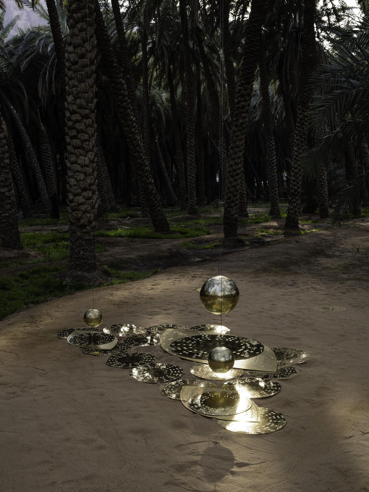 Sabine Mirlesse Installation view, Geomancy, brass and sand, various dimensions, Mabiti, AlUla.