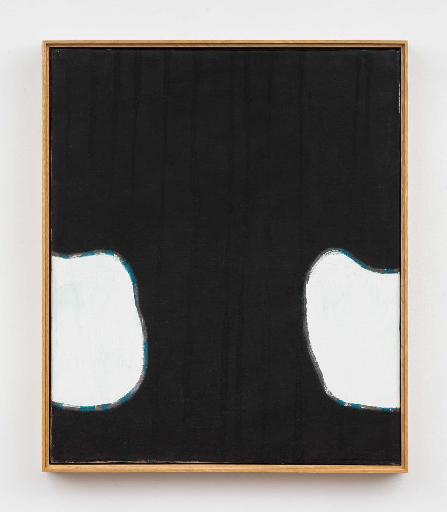 Prunella Clough, Ears, 1990, oil on canvas, 76.5 x 64.5 cm. A black painting with two irregular white forms protruding from either side.